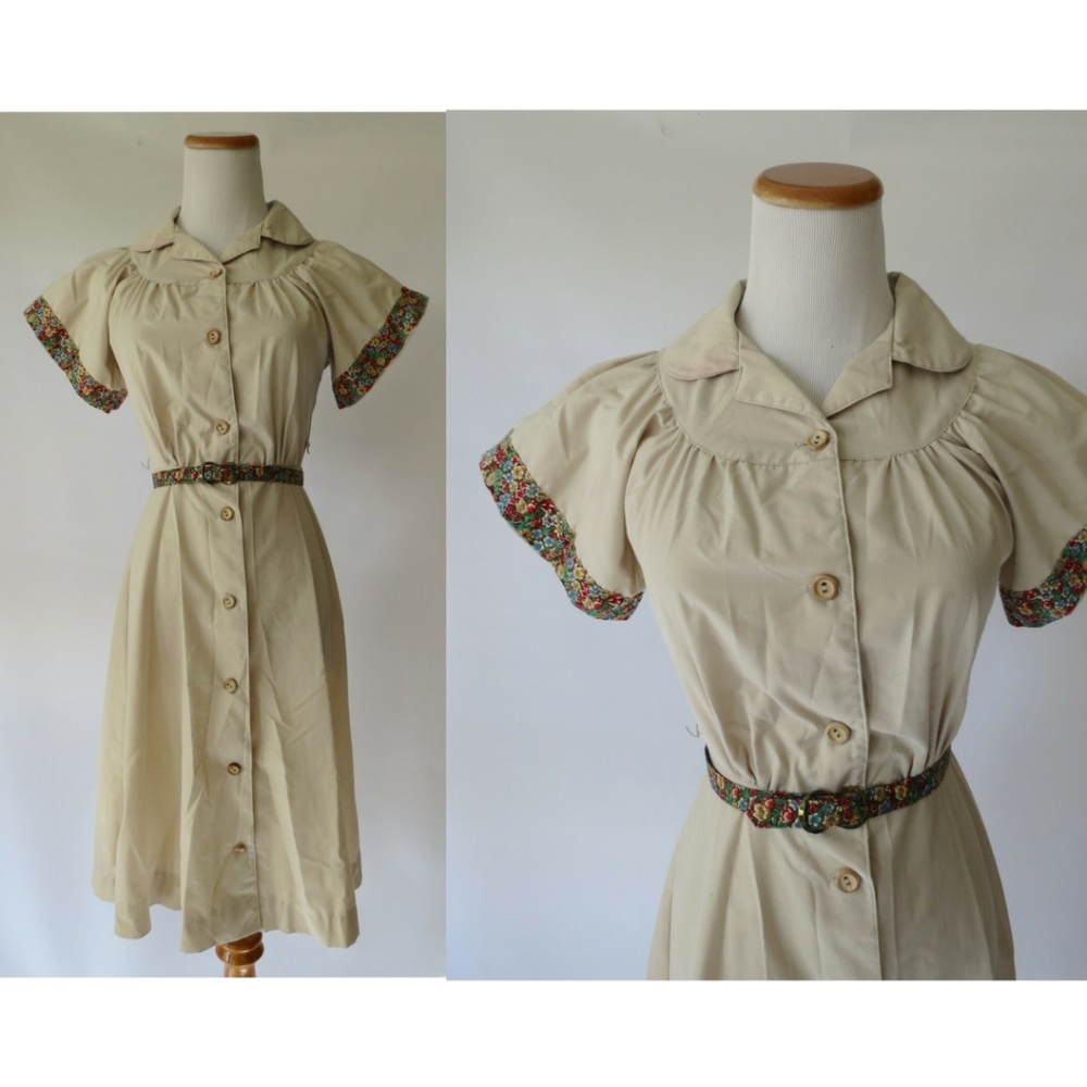 Vintage Khaki Floral Shirt Dress